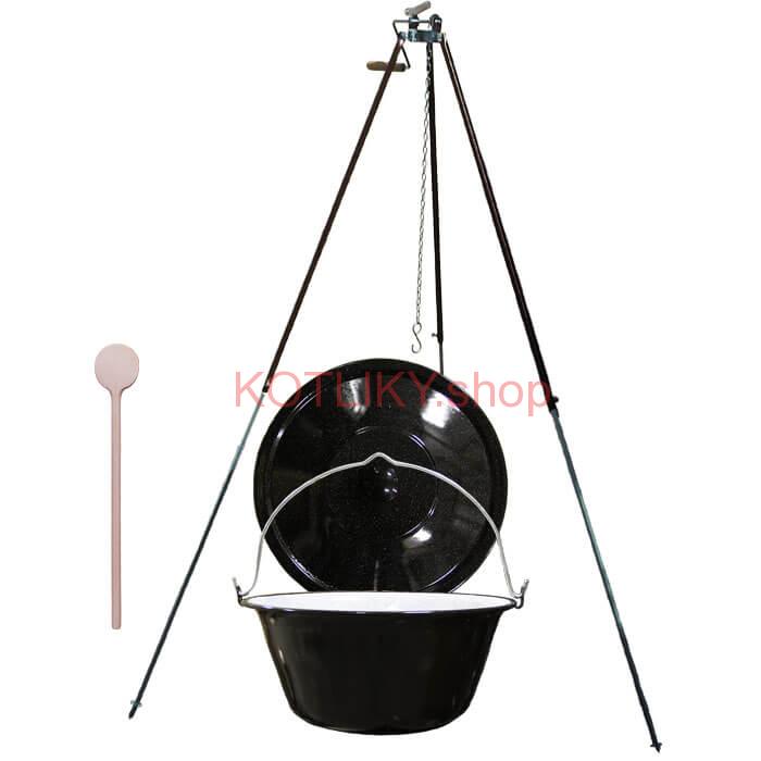 Smaltovaný kotlík 30 L (1,2 mm) + teleskopická trojnožka s poistnou kladkou + pokrievka