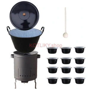Smaltovaný kotol 60 L + hrubostenná kotlina 53 cm (2 mm) STRONG PLUS 600 + misky 12 ks
