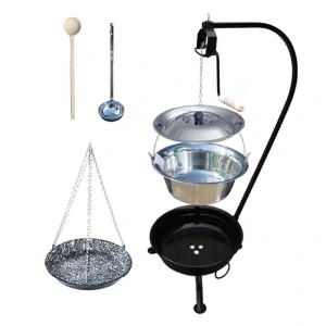 Nerezový kotlík 14 L (0,8 mm) INOX + smaltovaná panvica + ohnisko so stojanom a s poistnou kladkou VAR