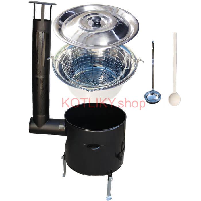Nerezový kotlík 20 L (1,2 mm) + drôtený kôš + smaltovaná kotlina 42 Easy party (SMALT)